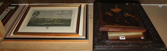 Collection of framed engravings, picture on glass & a carved oak frame (later mirror plate) (13)